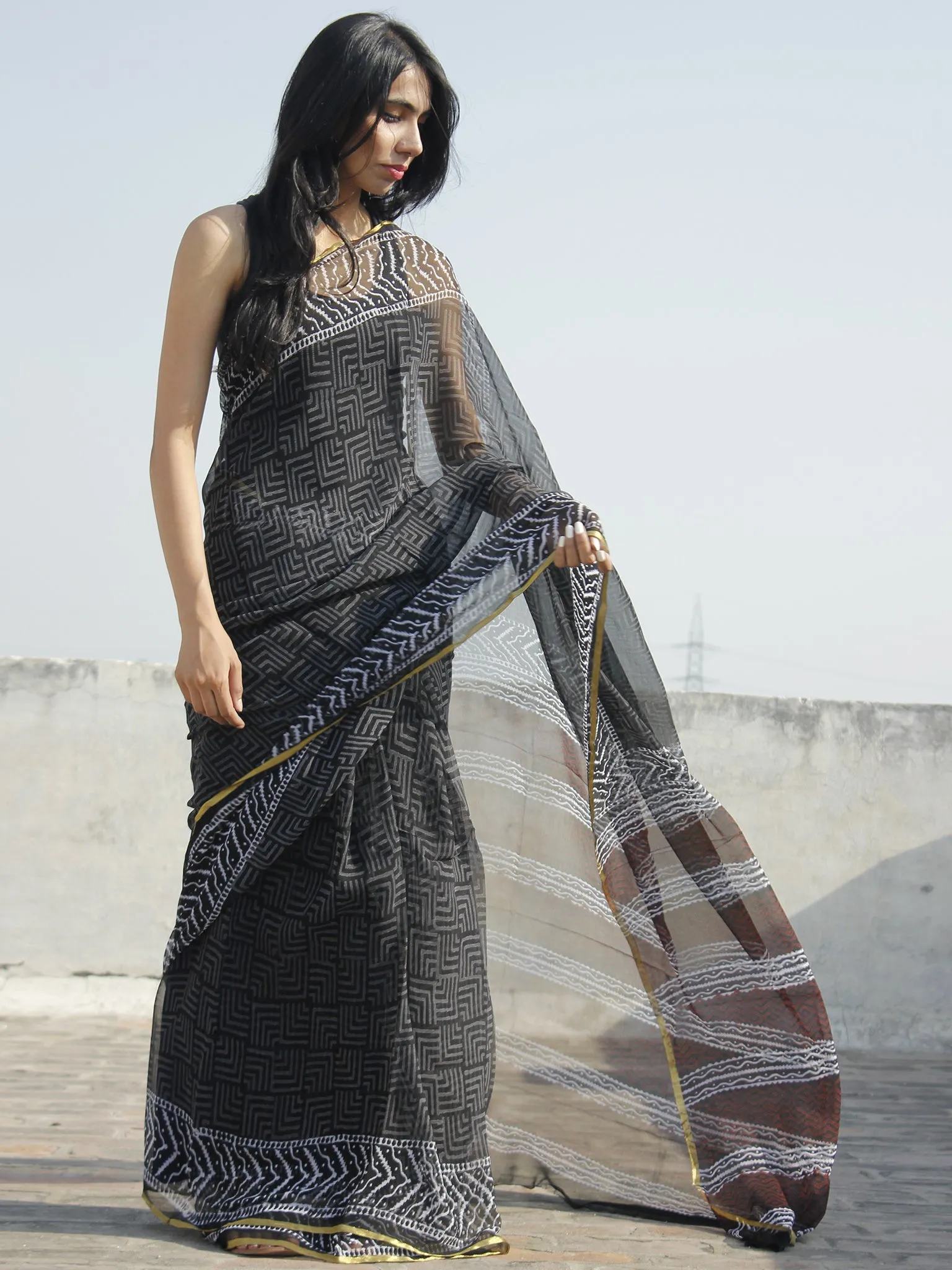 Black White Grey Maroon Hand Block Printed Chiffon Saree - S031702328