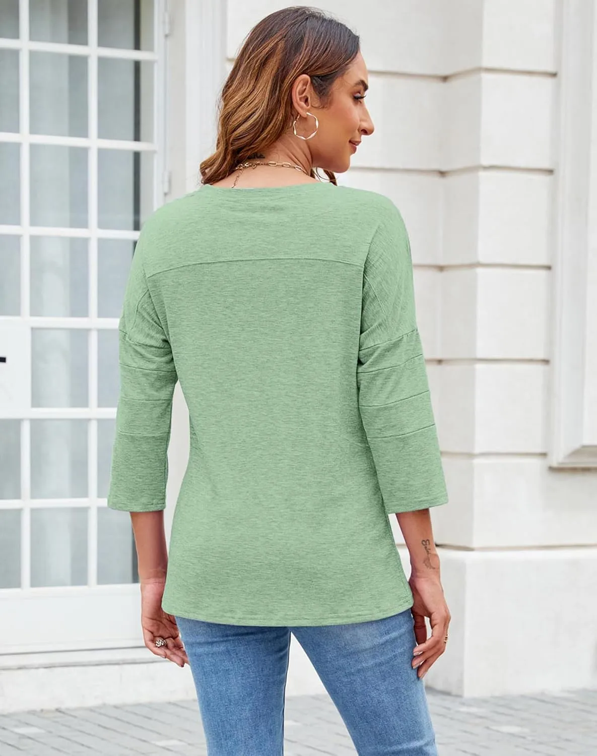 Bluetime Women Round Neck 3/4 Sleeve Tops Casual Loose Tunic Tops Solid Color Summer Fall Basic Shirt Blouses