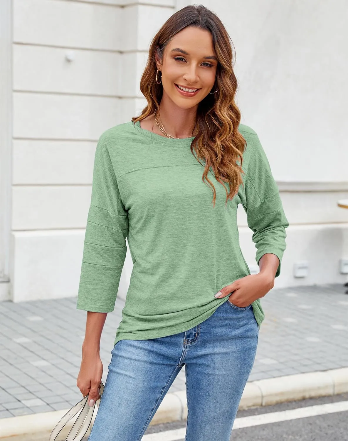 Bluetime Women Round Neck 3/4 Sleeve Tops Casual Loose Tunic Tops Solid Color Summer Fall Basic Shirt Blouses