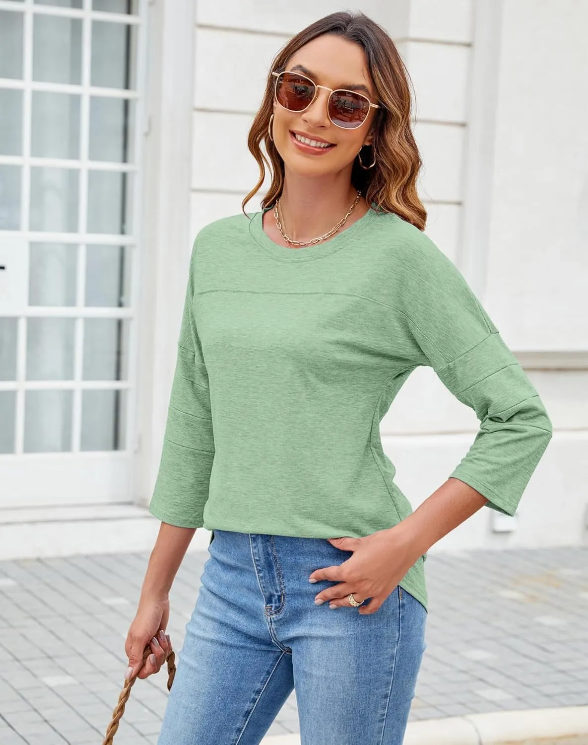 Bluetime Women Round Neck 3/4 Sleeve Tops Casual Loose Tunic Tops Solid Color Summer Fall Basic Shirt Blouses