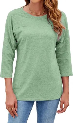 Bluetime Women Round Neck 3/4 Sleeve Tops Casual Loose Tunic Tops Solid Color Summer Fall Basic Shirt Blouses