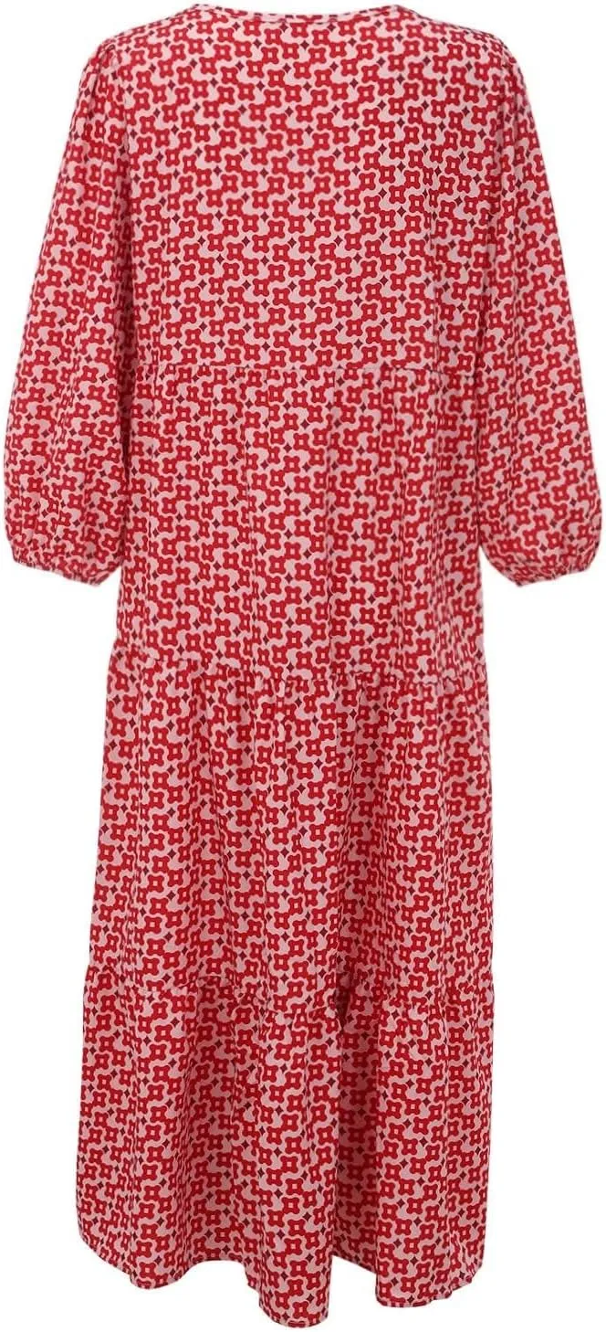 Boho Dresses for Women Summer Puff Half Sleeve V Neck Beach Vacation Dresses Casual Flowy Tiered Sundress Maxi Dress
