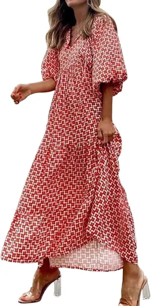 Boho Dresses for Women Summer Puff Half Sleeve V Neck Beach Vacation Dresses Casual Flowy Tiered Sundress Maxi Dress