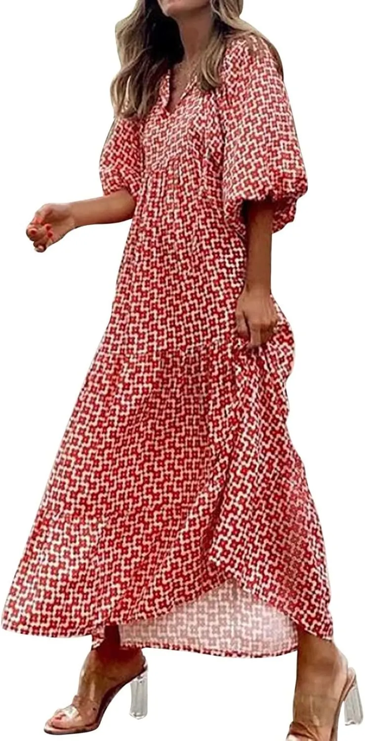 Boho Dresses for Women Summer Puff Half Sleeve V Neck Beach Vacation Dresses Casual Flowy Tiered Sundress Maxi Dress