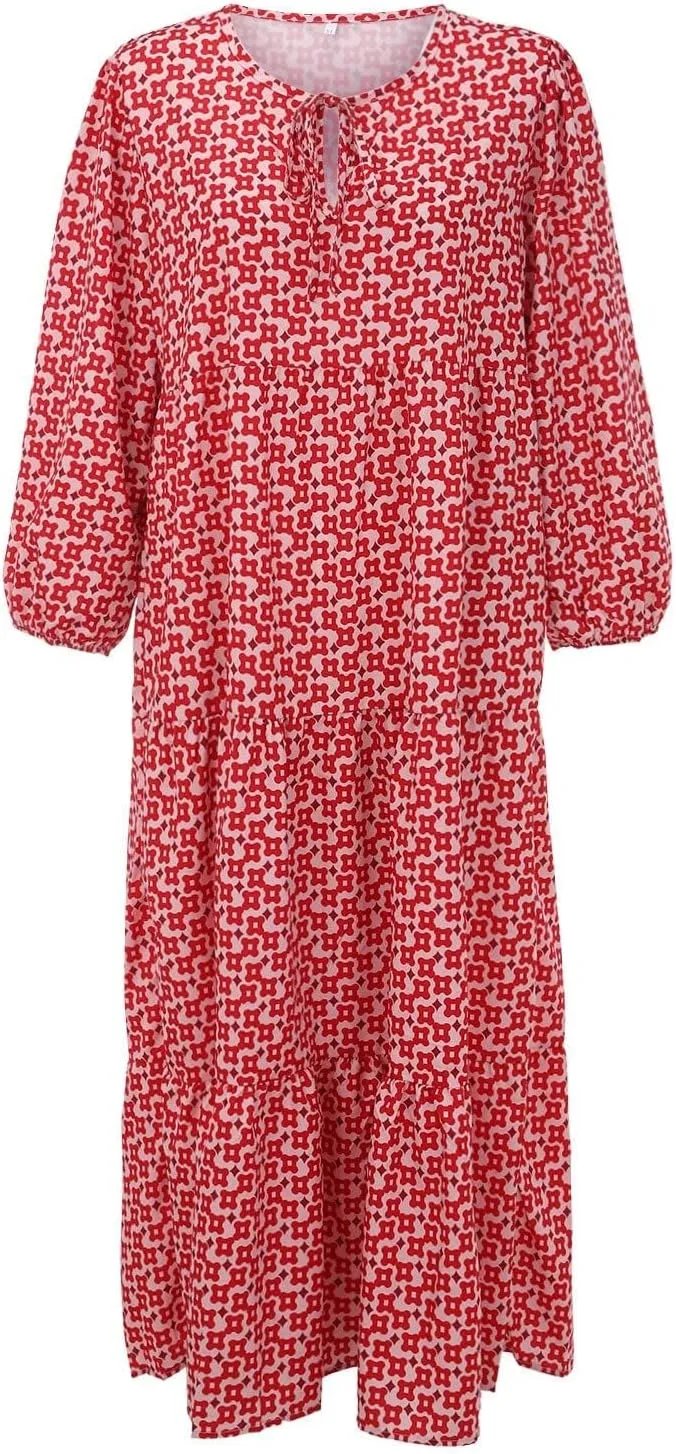 Boho Dresses for Women Summer Puff Half Sleeve V Neck Beach Vacation Dresses Casual Flowy Tiered Sundress Maxi Dress
