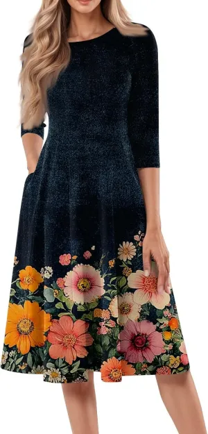 Boho Floral Dress for Women 3/4 Sleeve Summer Wrap Dress Ruched Midi Spring Flowy Vacation Dresses with Pocket