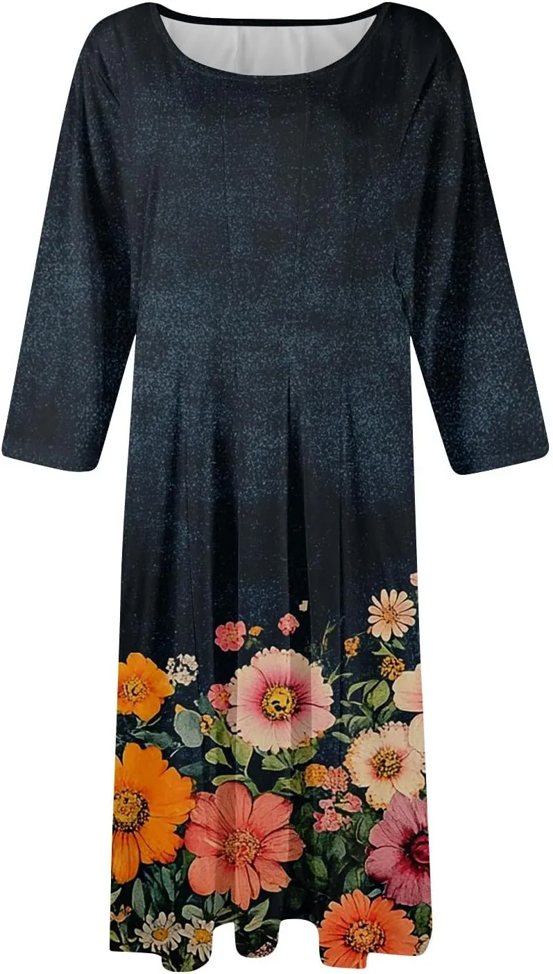Boho Floral Dress for Women 3/4 Sleeve Summer Wrap Dress Ruched Midi Spring Flowy Vacation Dresses with Pocket