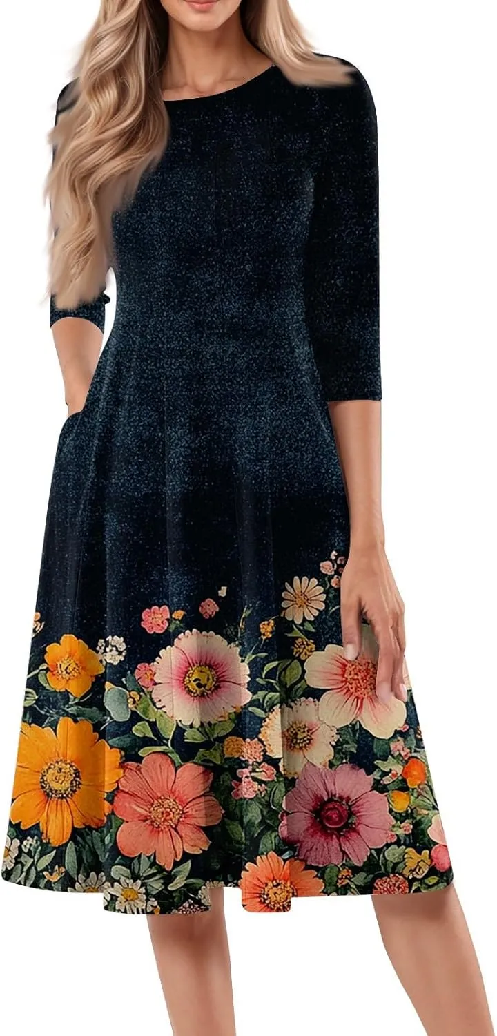 Boho Floral Dress for Women 3/4 Sleeve Summer Wrap Dress Ruched Midi Spring Flowy Vacation Dresses with Pocket