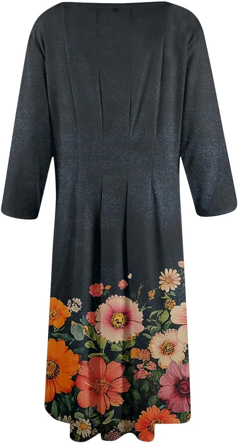 Boho Floral Dress for Women 3/4 Sleeve Summer Wrap Dress Ruched Midi Spring Flowy Vacation Dresses with Pocket
