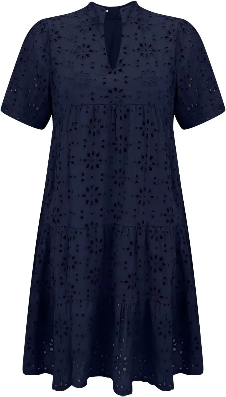 Boho Summer Dresses for Women 2025 Resort V Neck Short Sleeve Hollow Out Lace Ruffle Casual Beach Mini Vacation Dress