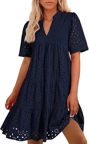 Boho Summer Dresses for Women 2025 Resort V Neck Short Sleeve Hollow Out Lace Ruffle Casual Beach Mini Vacation Dress
