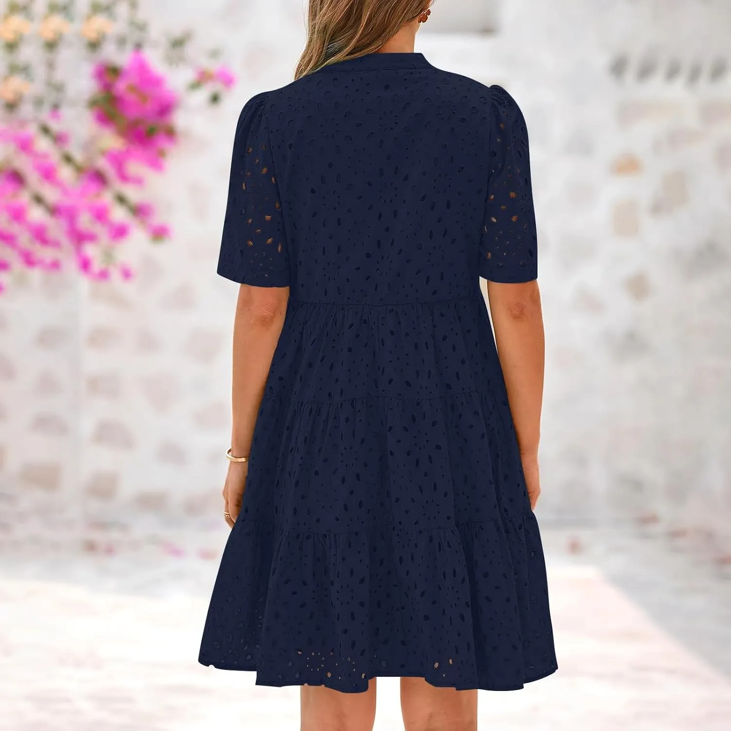 Boho Summer Dresses for Women 2025 Resort V Neck Short Sleeve Hollow Out Lace Ruffle Casual Beach Mini Vacation Dress