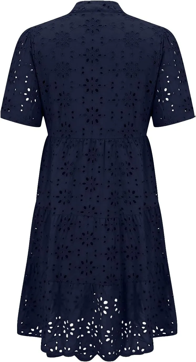 Boho Summer Dresses for Women 2025 Resort V Neck Short Sleeve Hollow Out Lace Ruffle Casual Beach Mini Vacation Dress