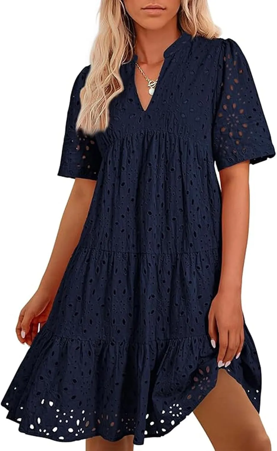 Boho Summer Dresses for Women 2025 Resort V Neck Short Sleeve Hollow Out Lace Ruffle Casual Beach Mini Vacation Dress
