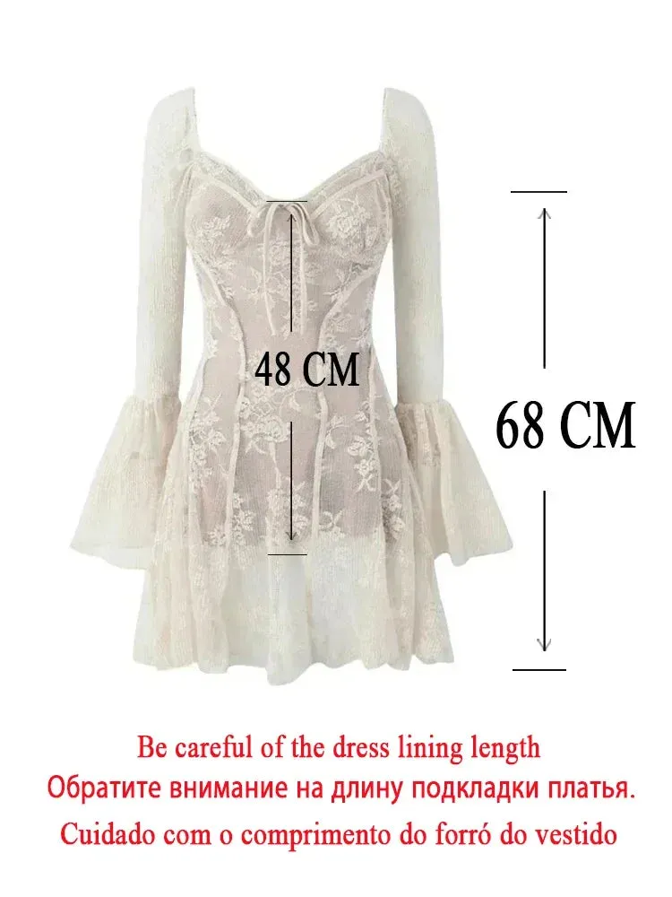 Bonnyshow   Autumn Elegant and Pretty Women's Dresses Beige Vintage Flare Sleeve Dress Mini  A Line Birthday Party Dress