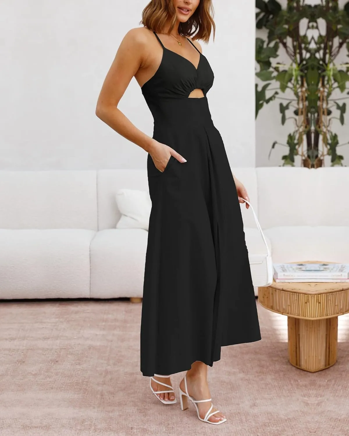 BTFBM Women 2025 Summer Spaghetti Strap Midi Dress Sleeveless V Neck Cutout Slit Casual Beach Party Maxi Dresses Pockets