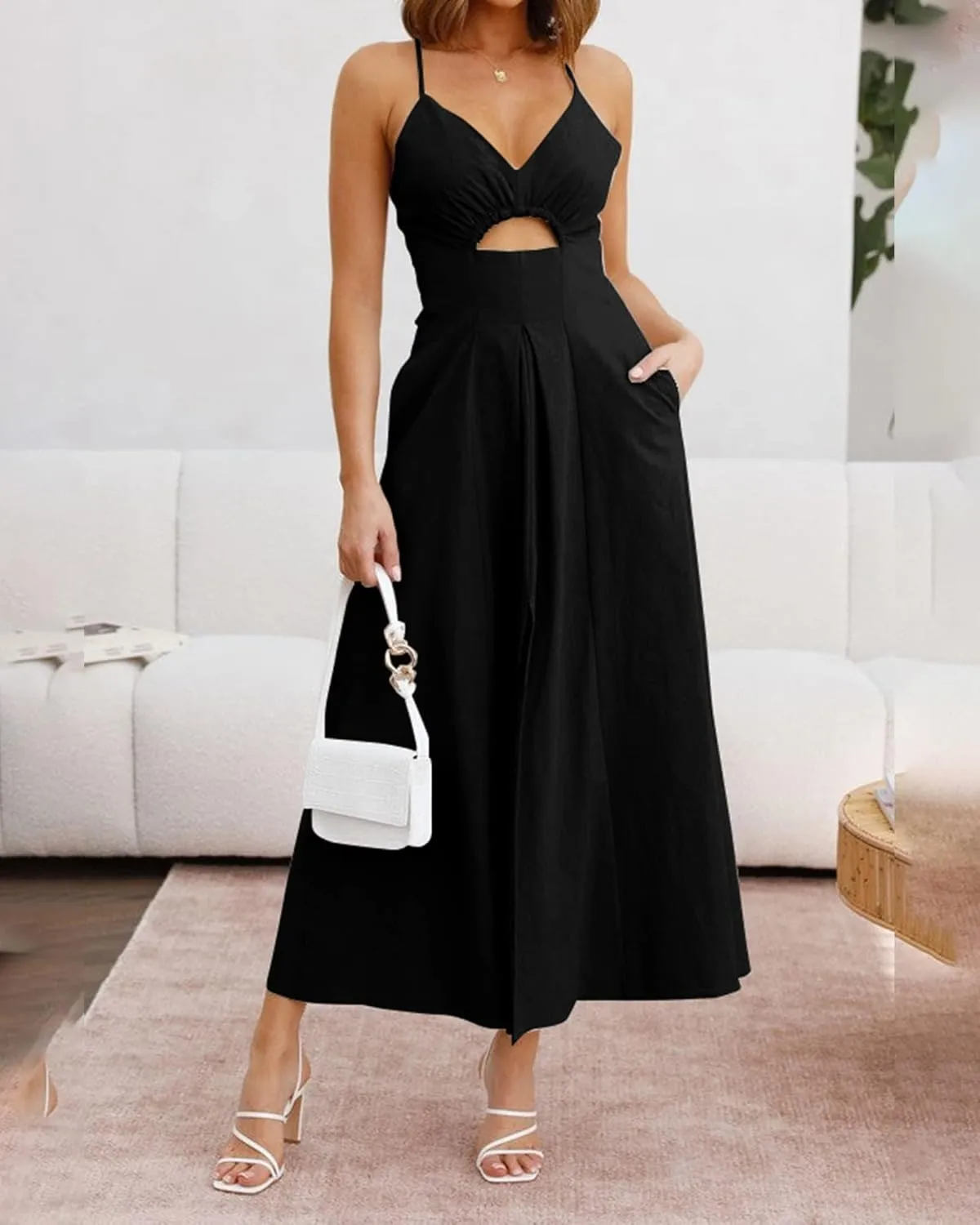 BTFBM Women 2025 Summer Spaghetti Strap Midi Dress Sleeveless V Neck Cutout Slit Casual Beach Party Maxi Dresses Pockets
