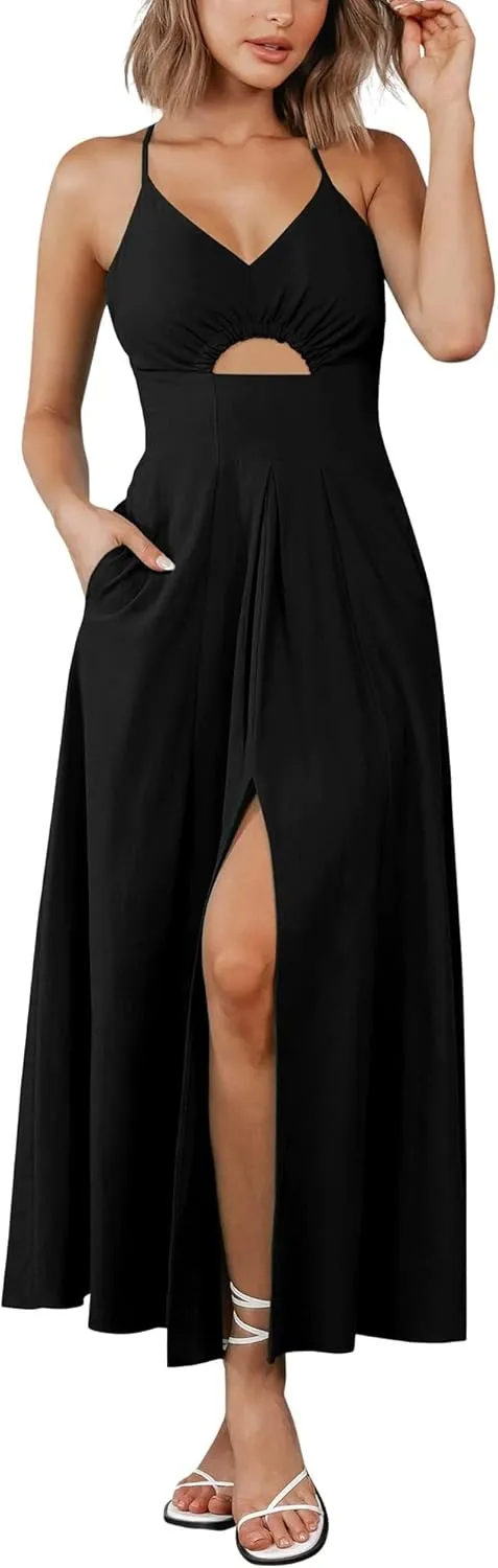 BTFBM Women 2025 Summer Spaghetti Strap Midi Dress Sleeveless V Neck Cutout Slit Casual Beach Party Maxi Dresses Pockets