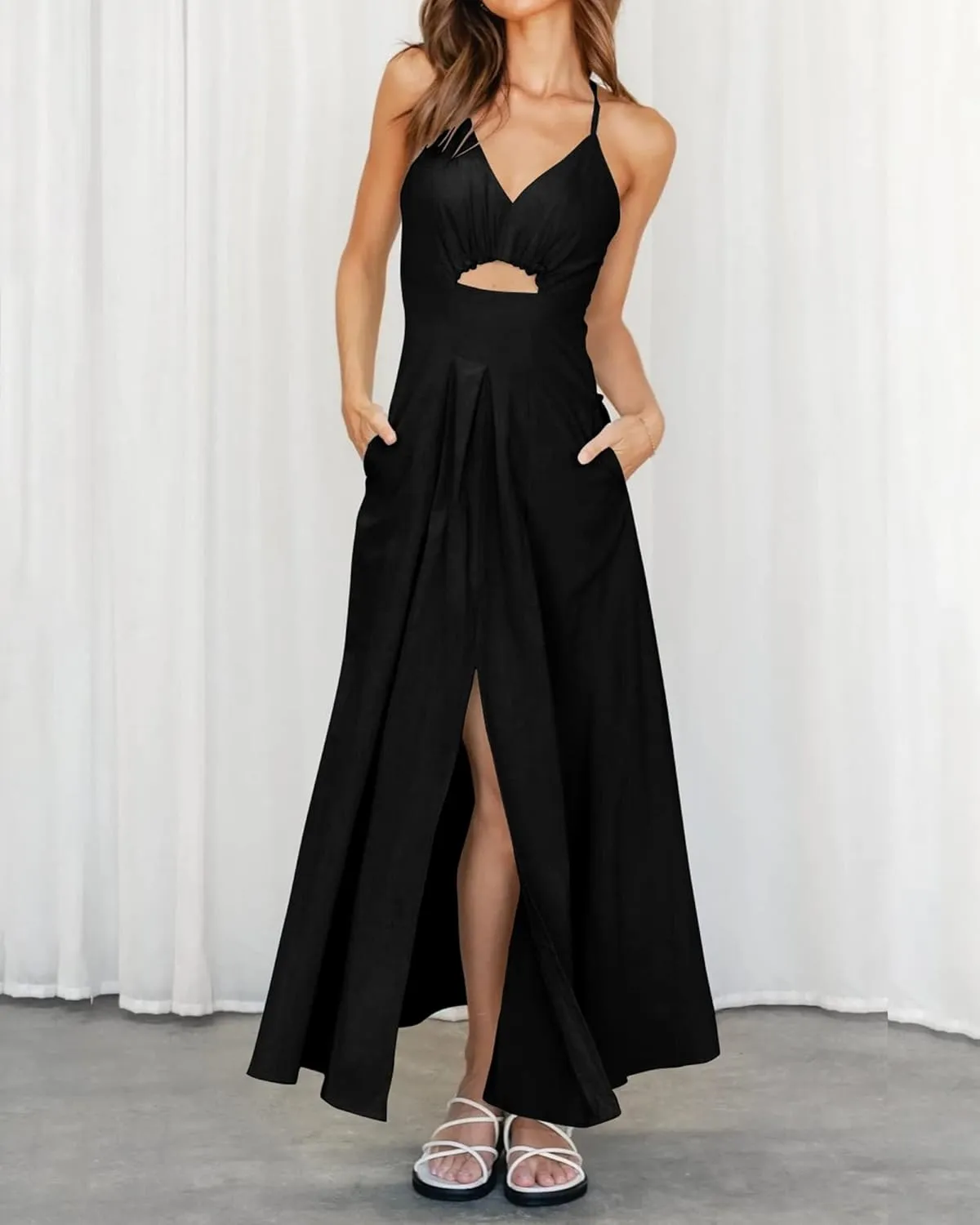 BTFBM Women 2025 Summer Spaghetti Strap Midi Dress Sleeveless V Neck Cutout Slit Casual Beach Party Maxi Dresses Pockets