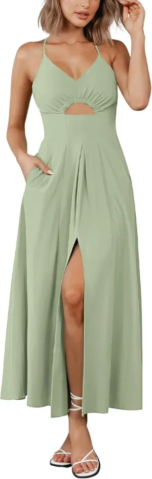 BTFBM Women 2025 Summer Spaghetti Strap Midi Dress Sleeveless V Neck Cutout Slit Casual Beach Party Maxi Dresses Pockets