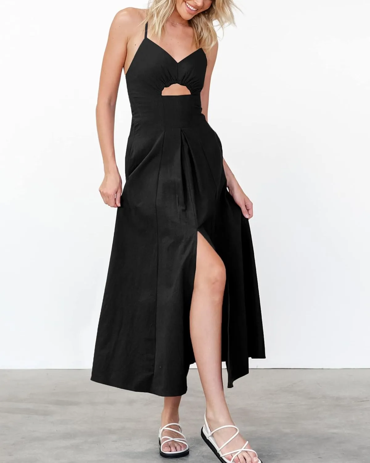 BTFBM Women 2025 Summer Spaghetti Strap Midi Dress Sleeveless V Neck Cutout Slit Casual Beach Party Maxi Dresses Pockets