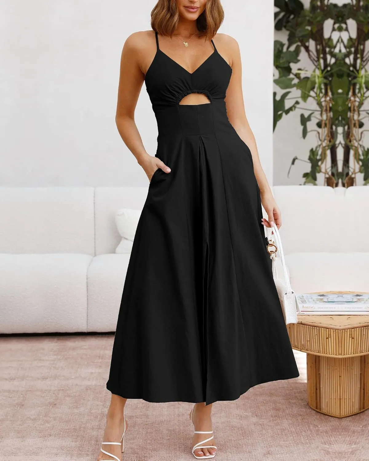 BTFBM Women 2025 Summer Spaghetti Strap Midi Dress Sleeveless V Neck Cutout Slit Casual Beach Party Maxi Dresses Pockets