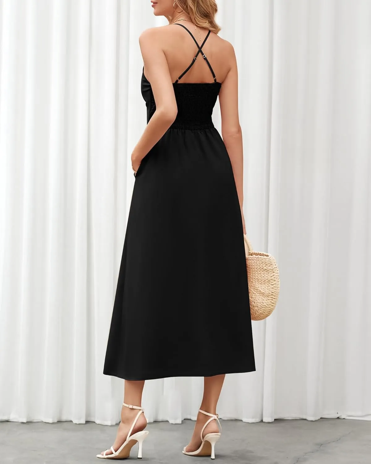 BTFBM Women 2025 Summer Spaghetti Strap Midi Dress Sleeveless V Neck Cutout Slit Casual Beach Party Maxi Dresses Pockets