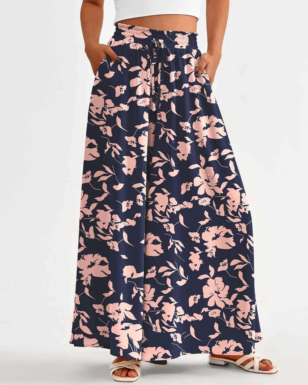 BTFBM Women Casual High Waist Wide Leg Pants Summer Floral Solid Long Palazzo Pants Lounge Beach Trousers with Pocket