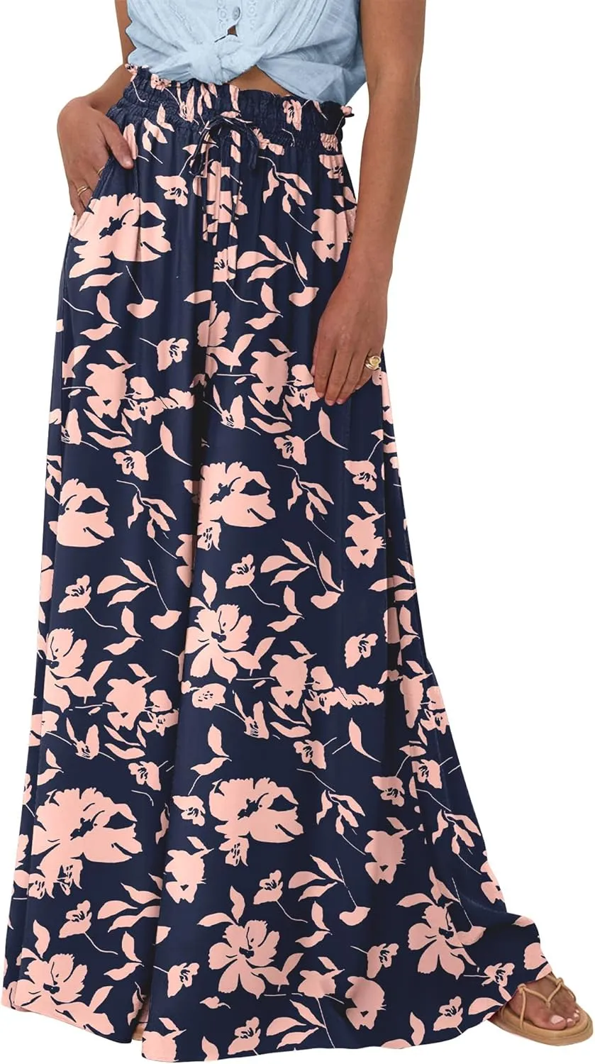 BTFBM Women Casual High Waist Wide Leg Pants Summer Floral Solid Long Palazzo Pants Lounge Beach Trousers with Pocket