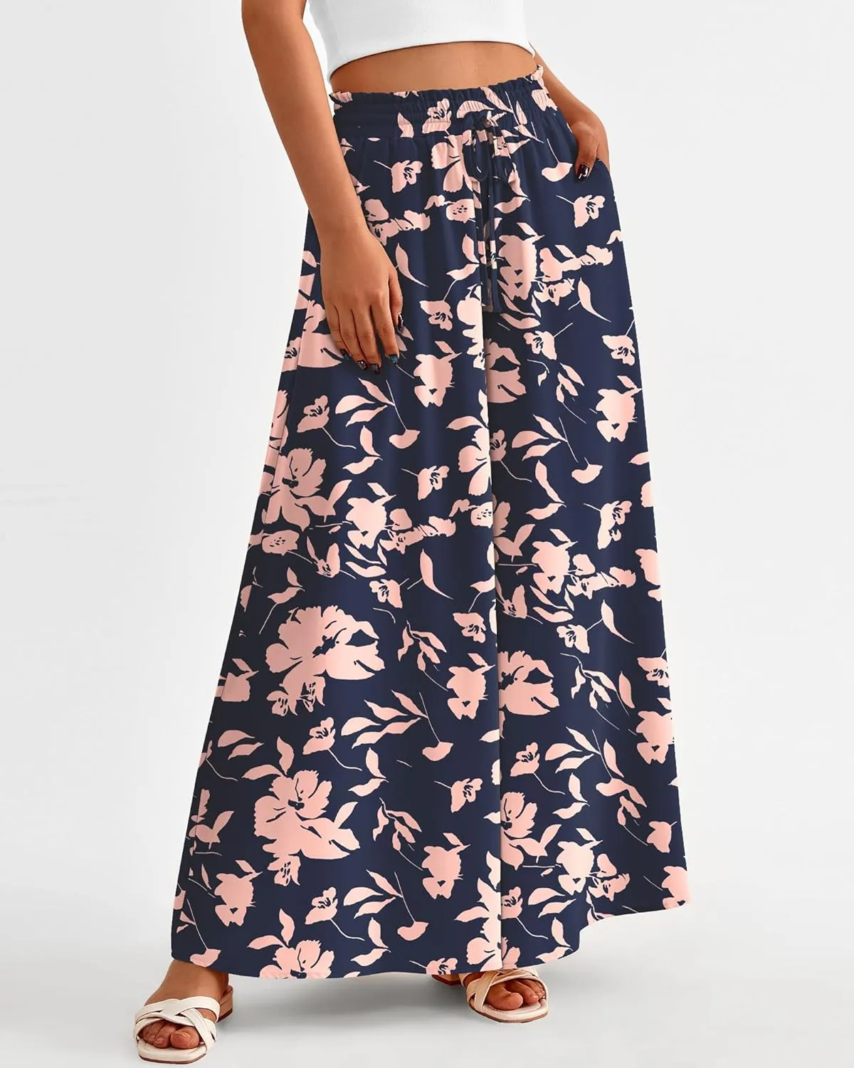 BTFBM Women Casual High Waist Wide Leg Pants Summer Floral Solid Long Palazzo Pants Lounge Beach Trousers with Pocket