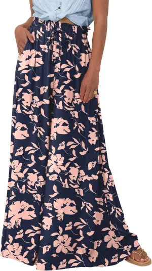 BTFBM Women Casual High Waist Wide Leg Pants Summer Floral Solid Long Palazzo Pants Lounge Beach Trousers with Pocket