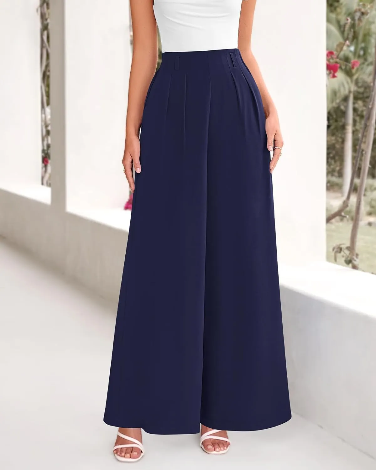 BTFBM Women's Elegant Flowy Dress Pants Front Pleated High Waisted Casual Wide Leg Loose Palazzo Trousers with Pockets