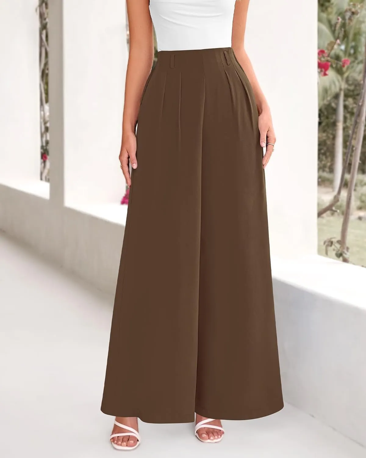 BTFBM Women's Elegant Flowy Dress Pants Front Pleated High Waisted Casual Wide Leg Loose Palazzo Trousers with Pockets