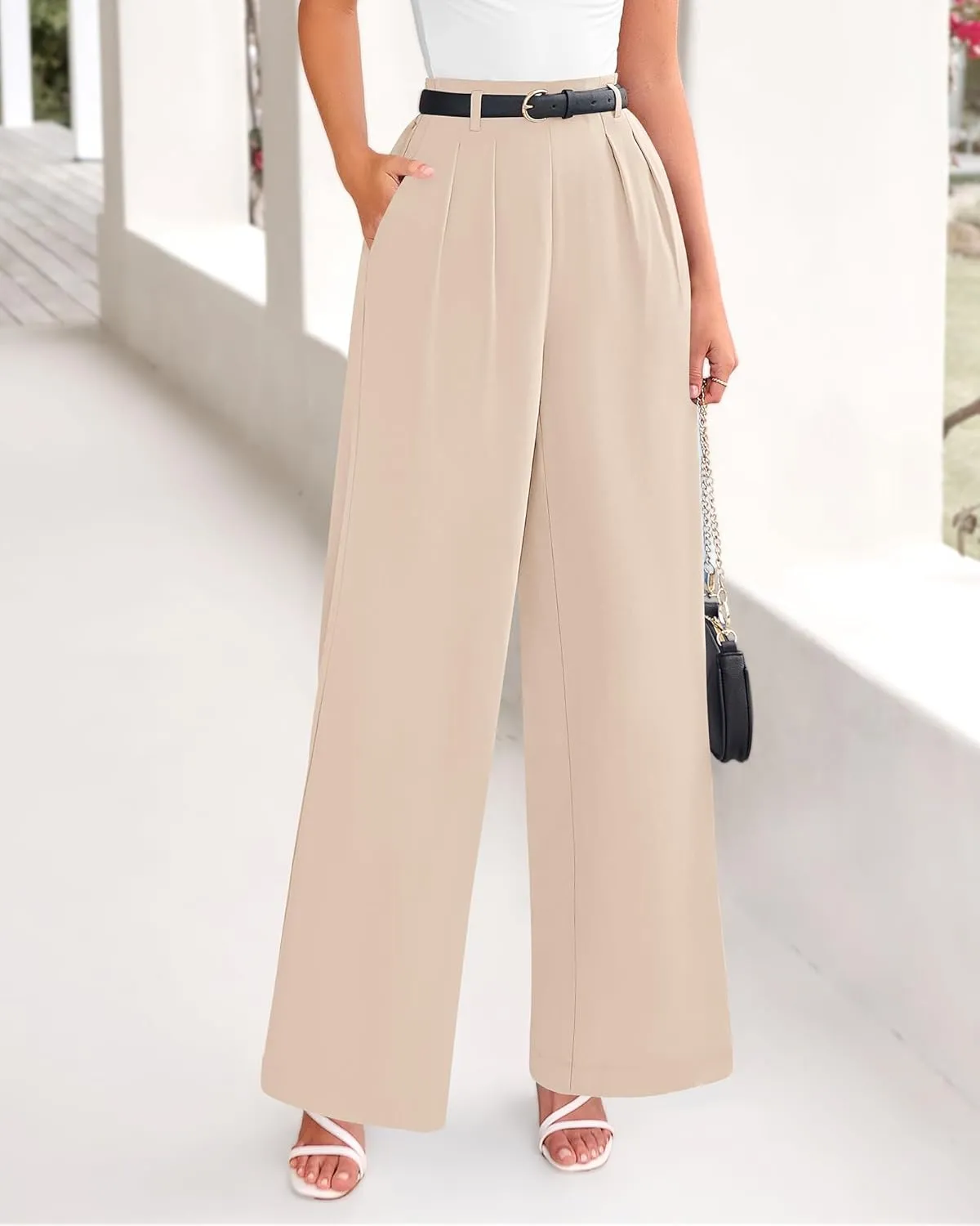 BTFBM Women's Elegant Flowy Dress Pants Front Pleated High Waisted Casual Wide Leg Loose Palazzo Trousers with Pockets