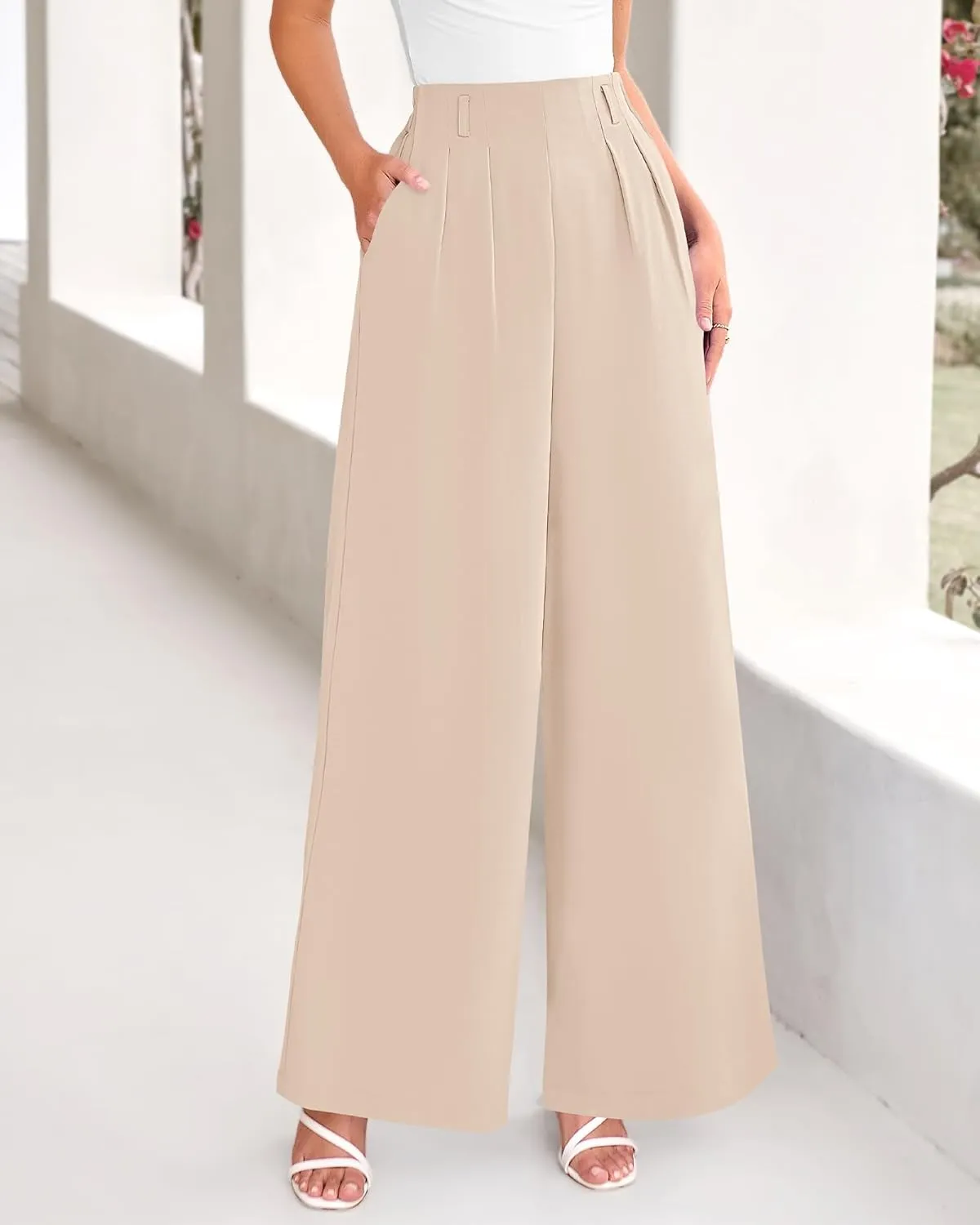 BTFBM Women's Elegant Flowy Dress Pants Front Pleated High Waisted Casual Wide Leg Loose Palazzo Trousers with Pockets