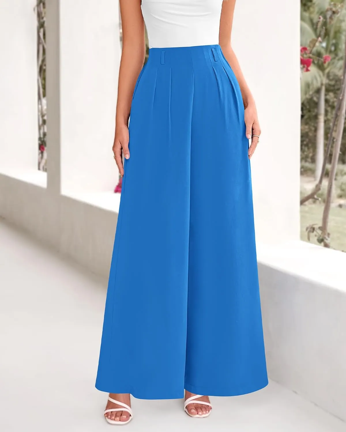 BTFBM Women's Elegant Flowy Dress Pants Front Pleated High Waisted Casual Wide Leg Loose Palazzo Trousers with Pockets