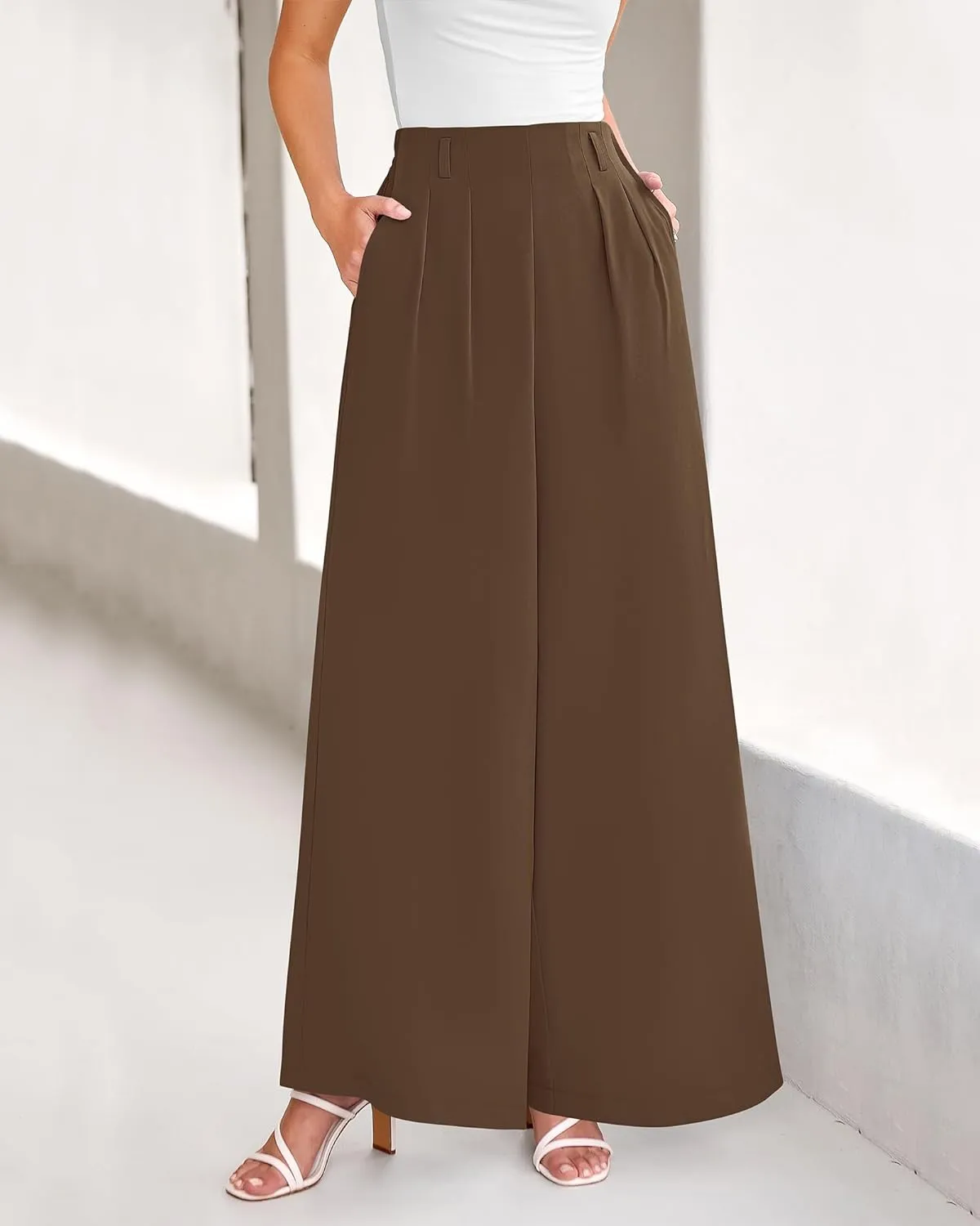BTFBM Women's Elegant Flowy Dress Pants Front Pleated High Waisted Casual Wide Leg Loose Palazzo Trousers with Pockets