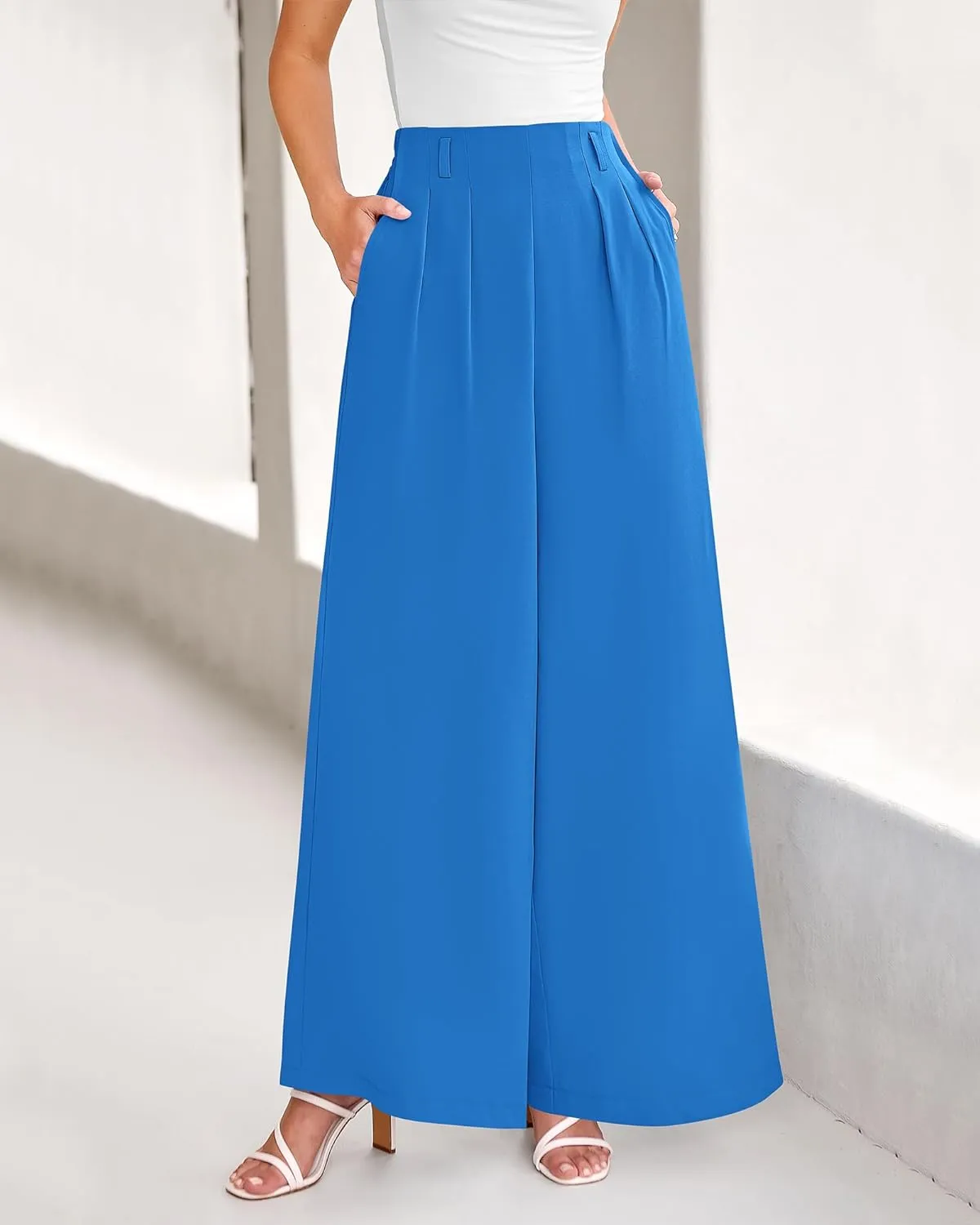 BTFBM Women's Elegant Flowy Dress Pants Front Pleated High Waisted Casual Wide Leg Loose Palazzo Trousers with Pockets