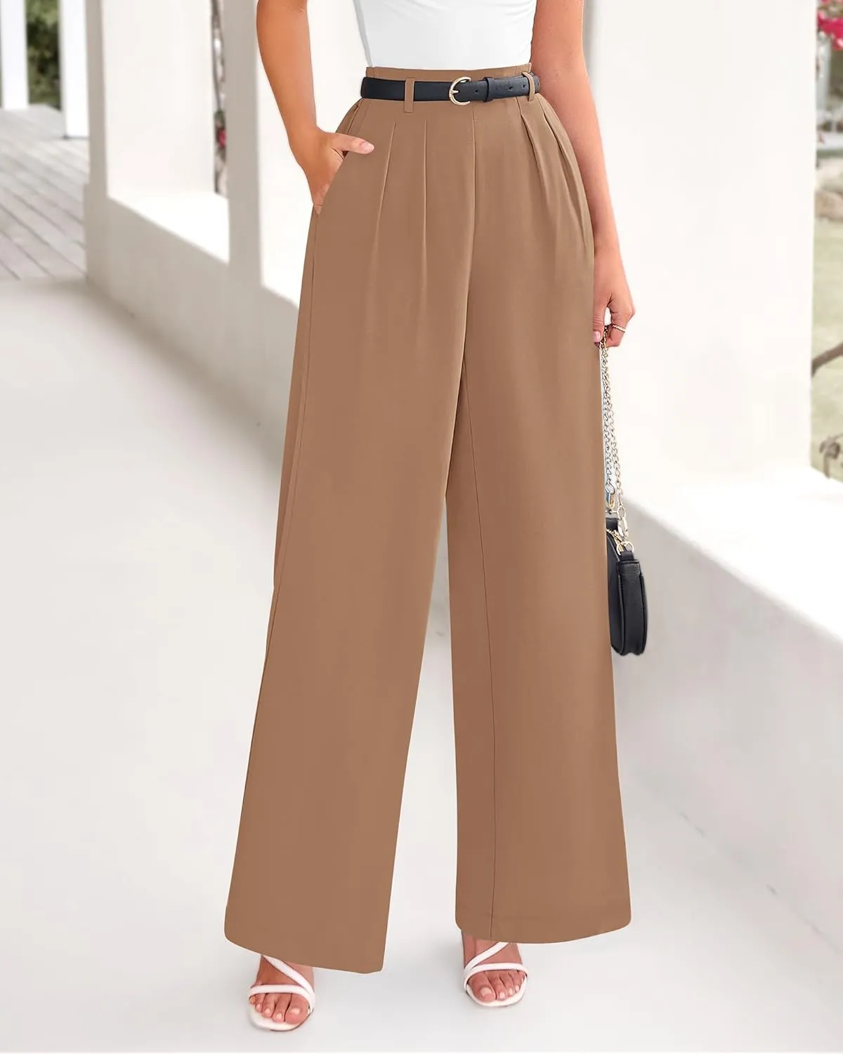 BTFBM Women's Elegant Flowy Dress Pants Front Pleated High Waisted Casual Wide Leg Loose Palazzo Trousers with Pockets