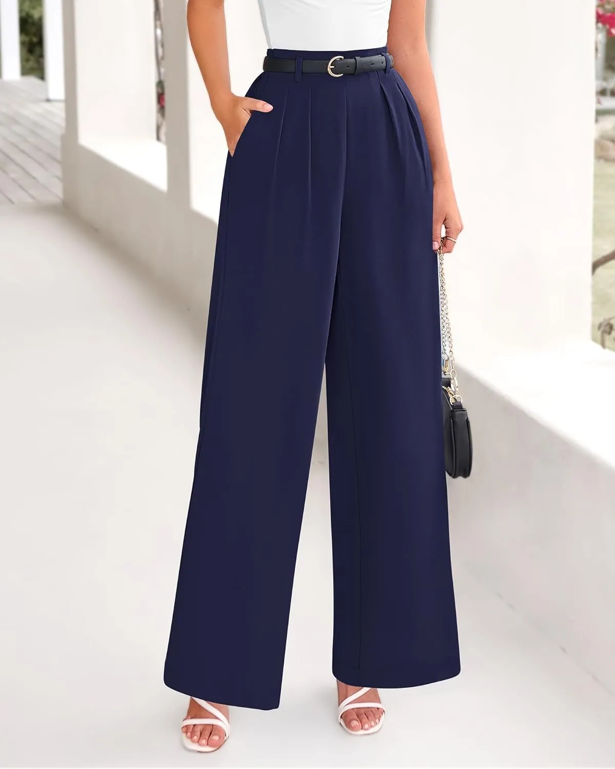 BTFBM Women's Elegant Flowy Dress Pants Front Pleated High Waisted Casual Wide Leg Loose Palazzo Trousers with Pockets