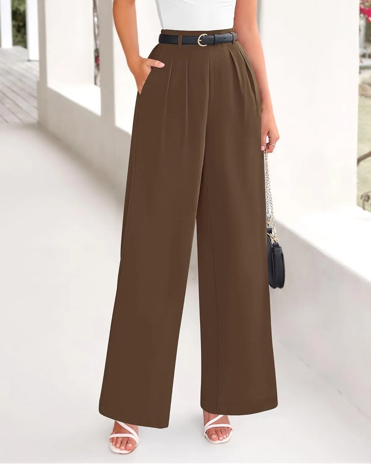 BTFBM Women's Elegant Flowy Dress Pants Front Pleated High Waisted Casual Wide Leg Loose Palazzo Trousers with Pockets