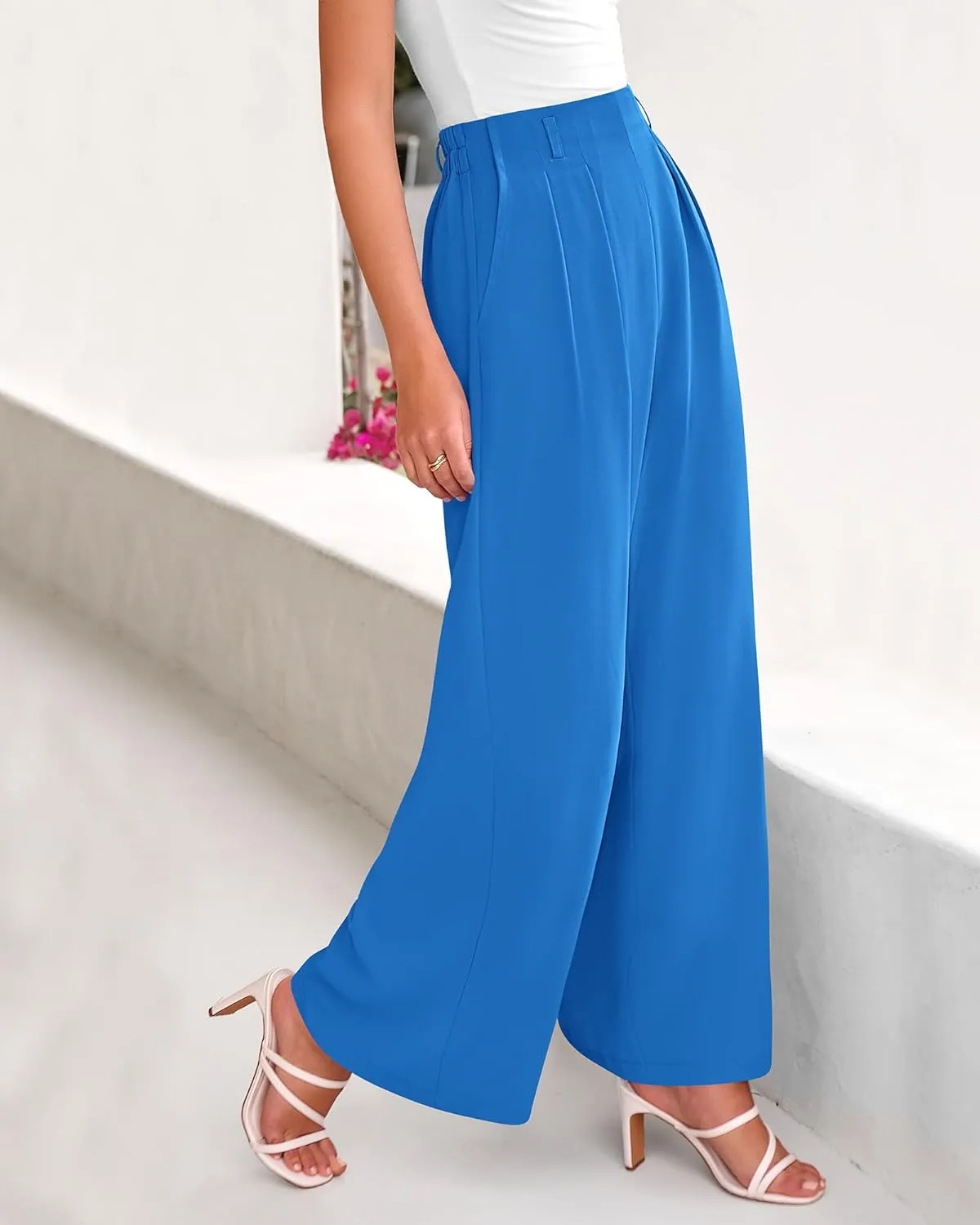 BTFBM Women's Elegant Flowy Dress Pants Front Pleated High Waisted Casual Wide Leg Loose Palazzo Trousers with Pockets