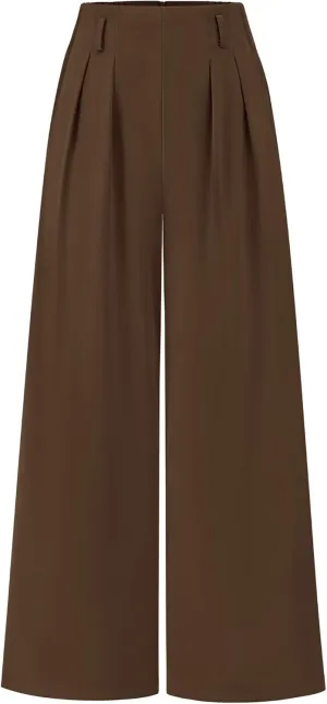 BTFBM Women's Elegant Flowy Dress Pants Front Pleated High Waisted Casual Wide Leg Loose Palazzo Trousers with Pockets