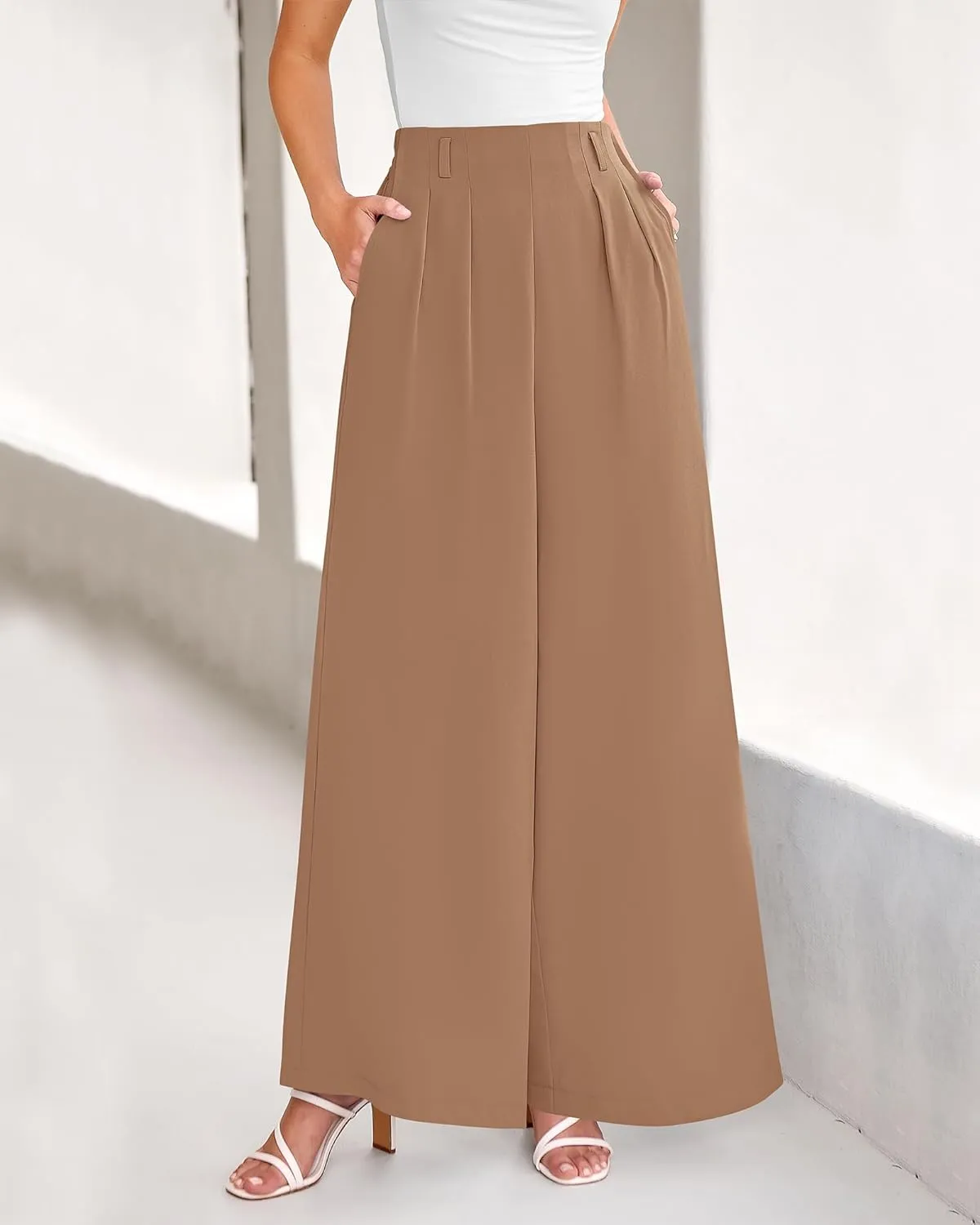 BTFBM Women's Elegant Flowy Dress Pants Front Pleated High Waisted Casual Wide Leg Loose Palazzo Trousers with Pockets