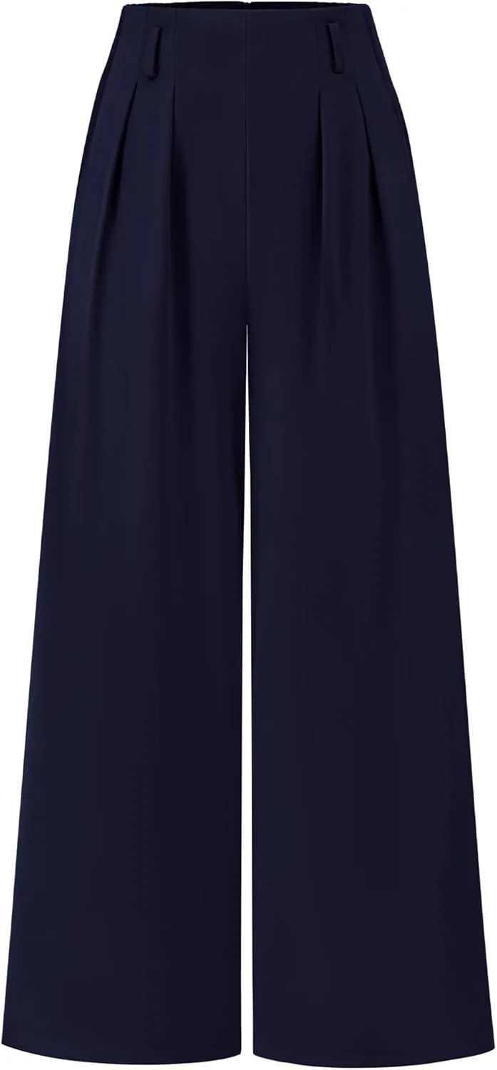 BTFBM Women's Elegant Flowy Dress Pants Front Pleated High Waisted Casual Wide Leg Loose Palazzo Trousers with Pockets