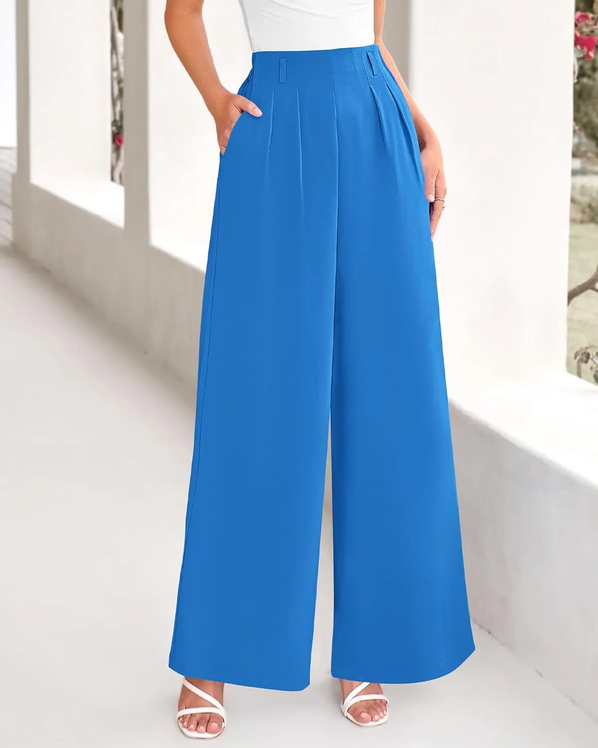 BTFBM Women's Elegant Flowy Dress Pants Front Pleated High Waisted Casual Wide Leg Loose Palazzo Trousers with Pockets