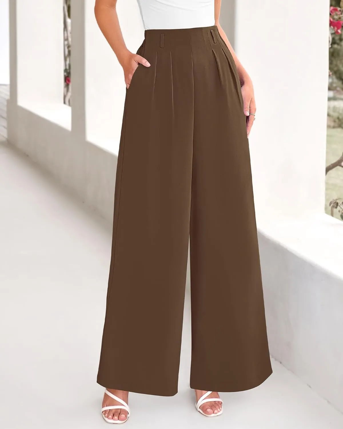 BTFBM Women's Elegant Flowy Dress Pants Front Pleated High Waisted Casual Wide Leg Loose Palazzo Trousers with Pockets