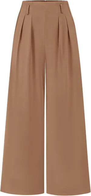 BTFBM Women's Elegant Flowy Dress Pants Front Pleated High Waisted Casual Wide Leg Loose Palazzo Trousers with Pockets