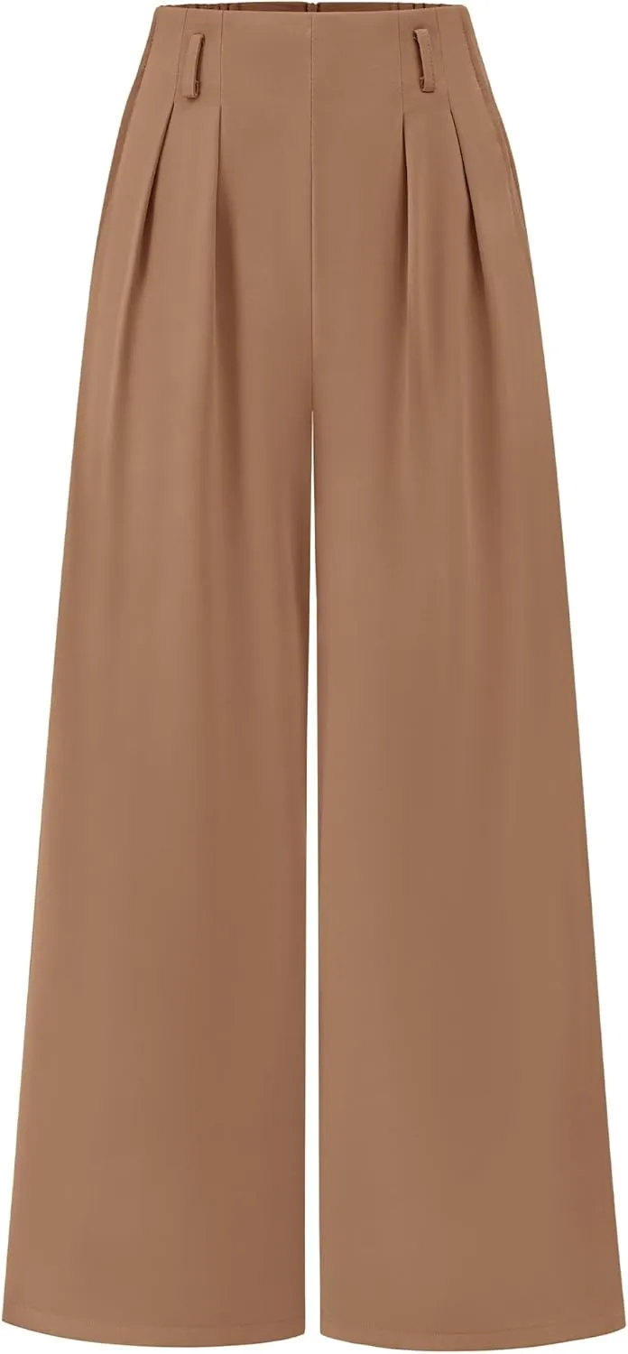 BTFBM Women's Elegant Flowy Dress Pants Front Pleated High Waisted Casual Wide Leg Loose Palazzo Trousers with Pockets