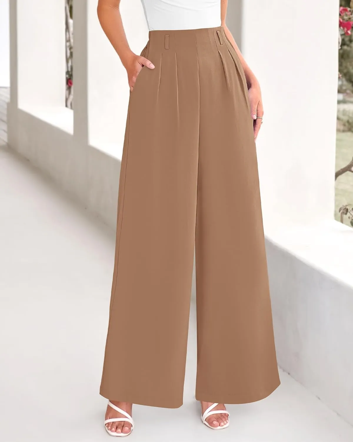 BTFBM Women's Elegant Flowy Dress Pants Front Pleated High Waisted Casual Wide Leg Loose Palazzo Trousers with Pockets